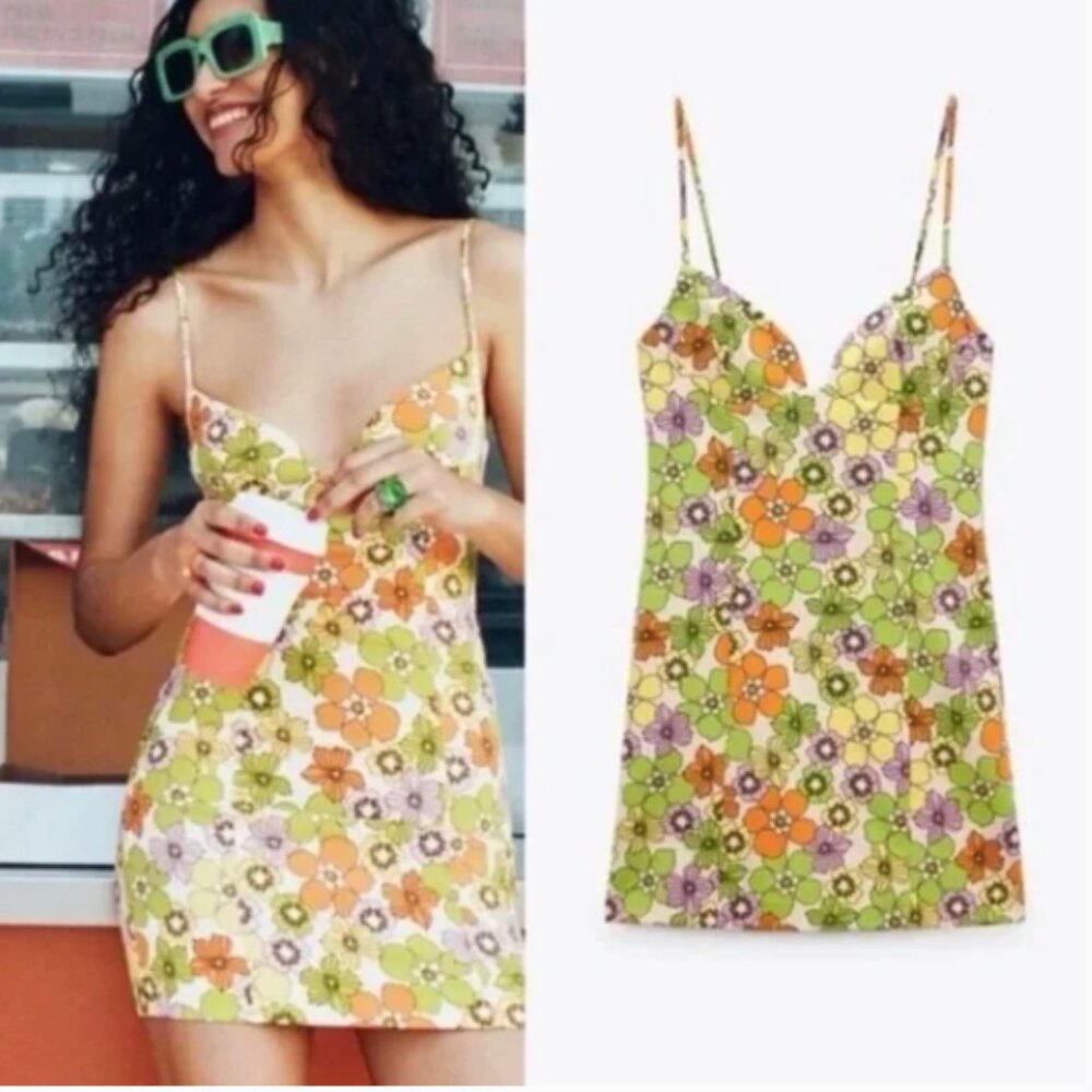 Zara Multicolor Floral Spaghetti Strap Mini Dress‎ Size Small NWOT